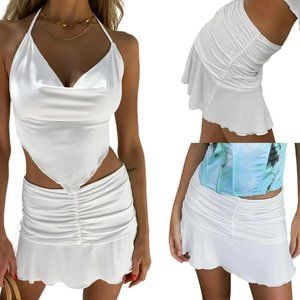 Y2K Ruched Ruffle White Skirt